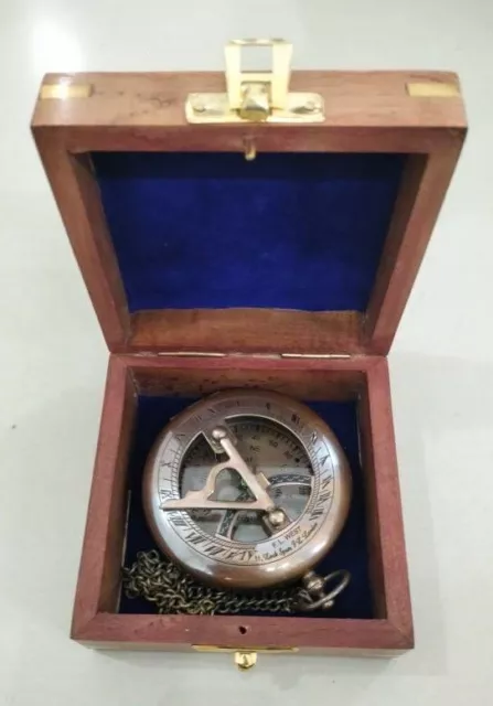 Reloj de bolsillo con esfera solar cadena de brújula de latón antiguo oro brillo caja de madera Reino Unido 3