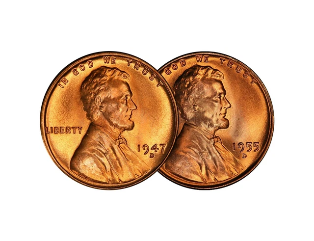 1947 D & 1955 D Lincoln Wheat Cent Choice BU 1c Brilliant Uncirculated - 2 Set