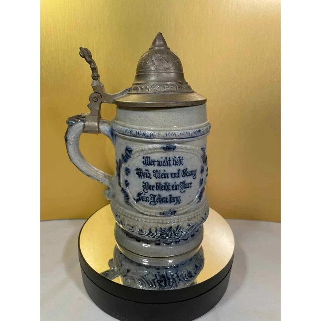 Antique Whites Utica Stoneware Beer Mug Stein with Pewter Lid Tavern Scene Antique Whites Utica Stoneware Beer Mug Stein with Pewter Lid Tavern Scene
