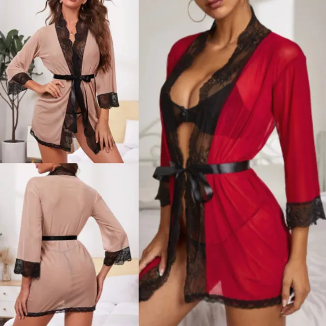 Sexy Damen Spitzen Bademantel Kimono Dessous Morgenmantel Sleepwear Nachtwäschen