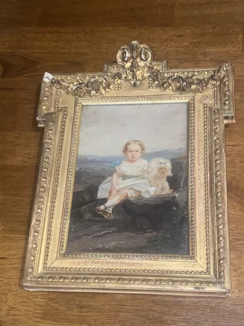 Antique Miniature Painting Of Girl With Her Dog