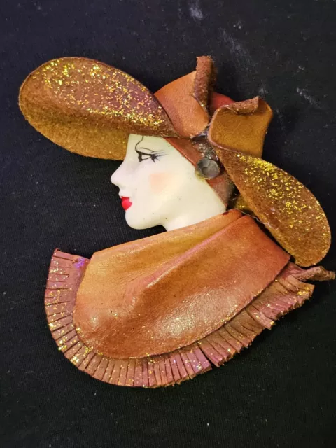 Vintage Art Deco Porcelain Face Lady Western Chic Glitter Brooch Rare Pin