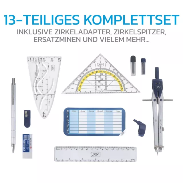 Hochwertiges Zirkelset von Facile Scriptum – 13-teiliges Geometrie-Set Mathe-Set 2