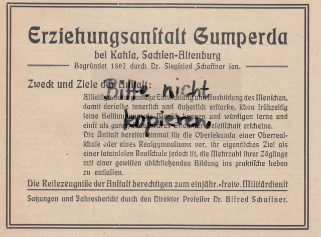 GUMPERDA, Werbung 1919, Erziehungsanstalt Gumperda bei Kahla Prof. Dr. Alfred Sc