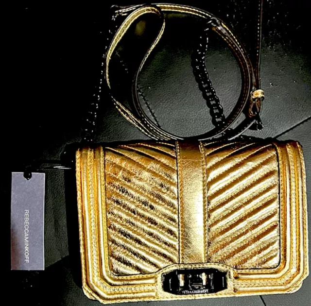 NEW! Rebecca Minkoff  Chevron Quilted Small Love Crossbody Bag Color Gold