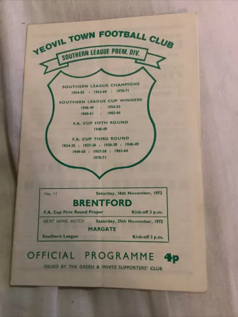 Yeovil Town v Brentford football programme 1972/73 FA Cup