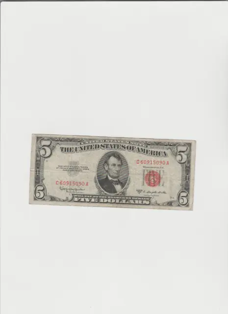 1953-C Five Dollar RED Seal Note United States Note Old US Bill $5 Average Circ