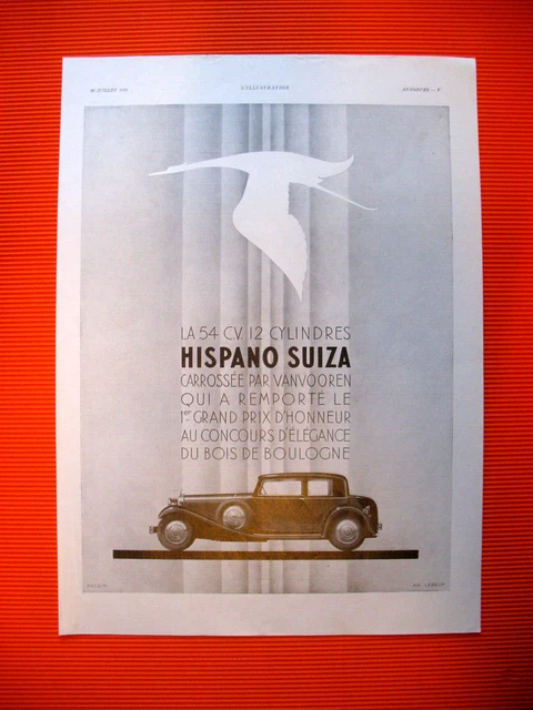 Hispano Press Advertisement Suisse Automobile Carriage By Vanvooren Ad 1933