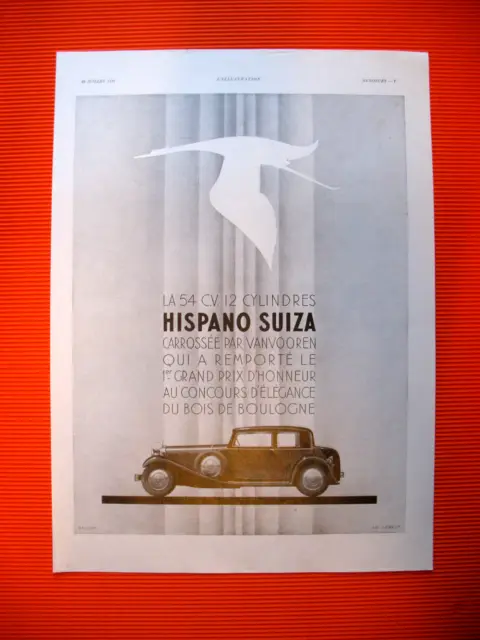 PUBLICITE DE PRESSE HISPANO SUIZA AUTOMOBILE CARROSSéE PAR VANVOOREN AD 1933
