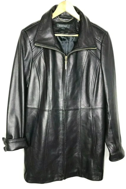Vintage Ellen Tracy Sz Medium Mid-Length Soft Leather Coat Gold Zipper Pockets