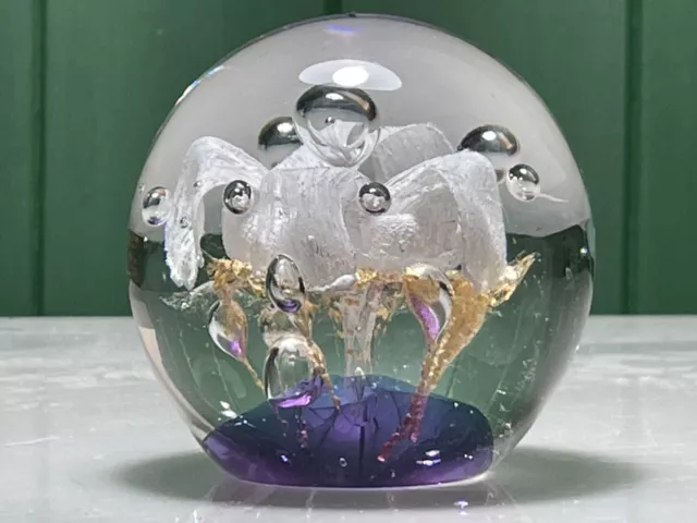 Stunning Murano Style White/Purpleabstract Orchid Flower Art Glass Paperweight