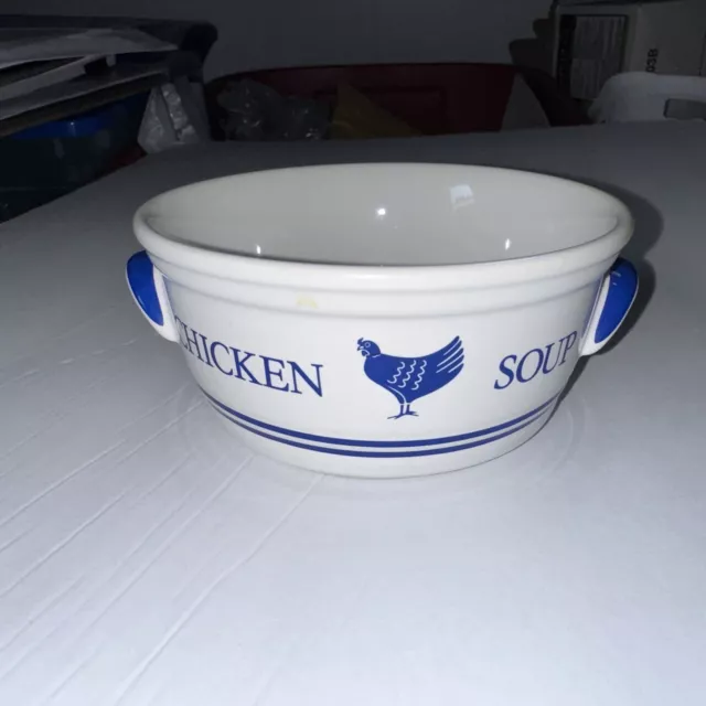 Vintage Chicken Soup Bowl F.T.D.A 1985 Korea Ceramic Blue White Handled Dish