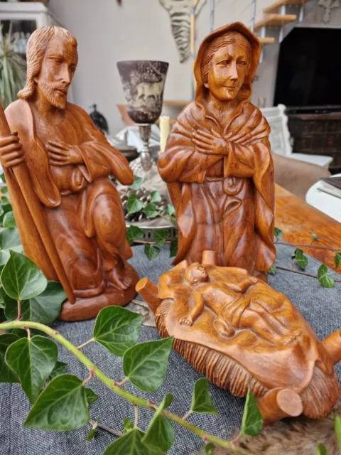 große alte Krippenfiguren Hl Familie Maria & Josef Kindlein Holz natur 32 cm