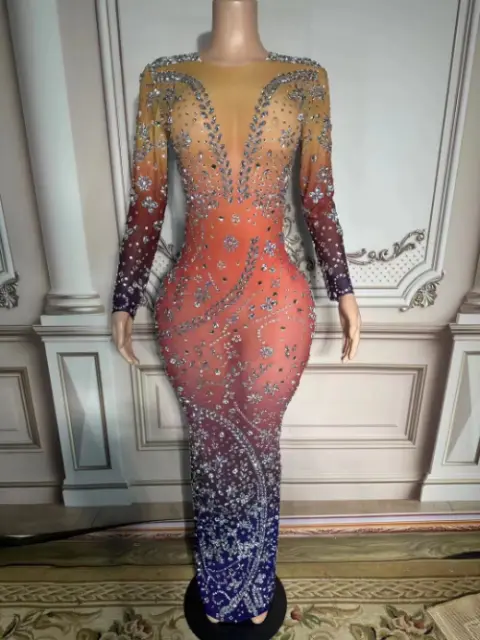 Sparkly Colorful Rhinestones Crystals Sexy Stage Mesh Transparent Evening Dress