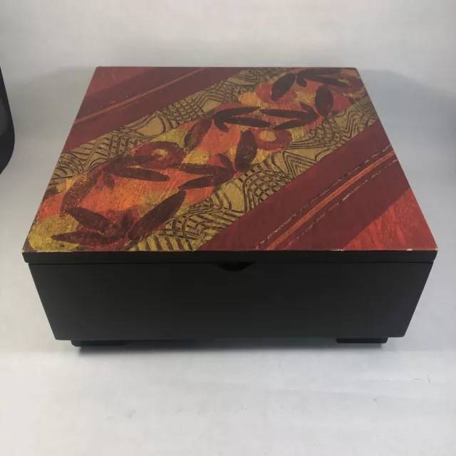 Vintage Painted Red Wood Trinket Box Jewelry 9 in. Wooden Floral Leaf Design