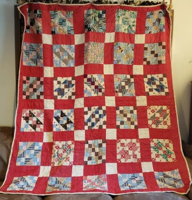 Beautiful Vintage Hand-Stitched Jacob's Ladder Quilt-Rescue Or Cutter-68"X78"