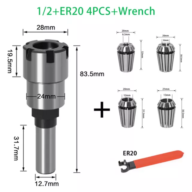 1/2 Shank Router Bit Extension Rod 1/4, 1/2, 8mm,12mm ER 20 Collet Milling Wood