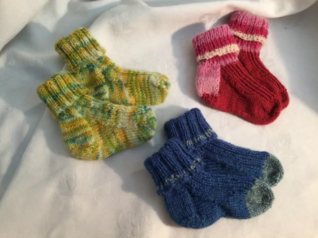 Brand new merino/acrylic Hand Knitted Baby Socks 0-6 Months - Bundle of 3.