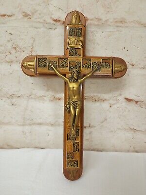 Vintage Last Rites Wood Brass Crucifix Catholic Stations of the Cross Art Deco