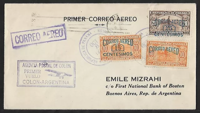 Panama To Argentina Air Mail Ovpt Stamps On First Flight Cover 1929