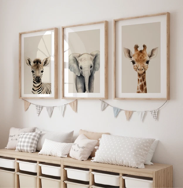 SAFARI ANIMAL NURSERY Print Set of 3 Beige Nude Jungle Theme, Kids