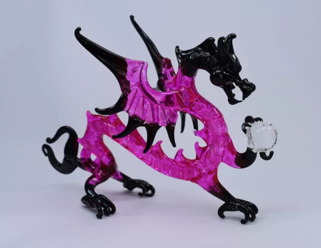 Dragon Pink and Black Figurine of Blown Glass Crystal