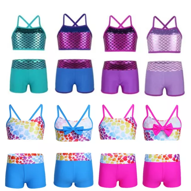 2PCS Kids Girls Tankini Swimsuit Swimwear Crop Tops+Bottoms Outfit Bathing Suits