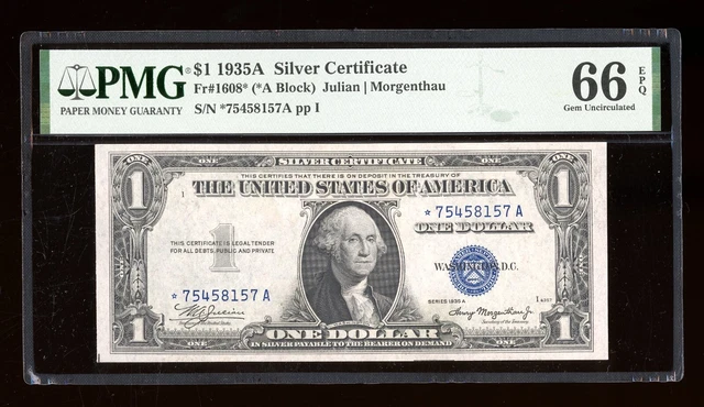 DBR 1935-A $1 Silver STAR Gem Fr. 1608* PMG 66 EPQ Serial *75458157A