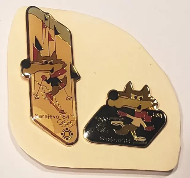 1984 Sarajevo Winter Olympic Games Vucko Vučko Wolf Mascot 2 Pin Lot Rare