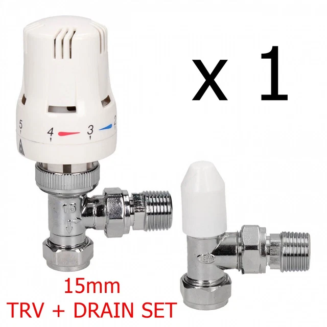 Thermostatic Radiator Valve Set TRV and Lockshield Rad Valves 15mm x 1/2" Angled