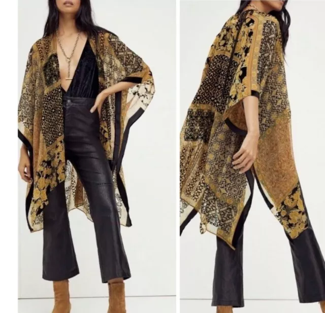 New  Free People Beguiled Patchwork Kimono Jacket one size Velvet Burnout