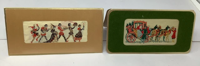 Two vintage greeting cards fabric sewn gold string antique seasons greetings