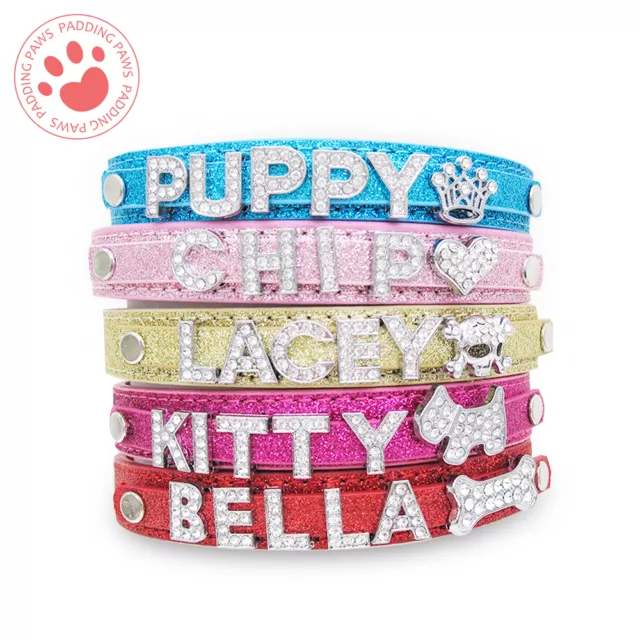 Personalised Dog Cat Pet NAME Collar | BLING PU Leather | Rhinestone Diamante