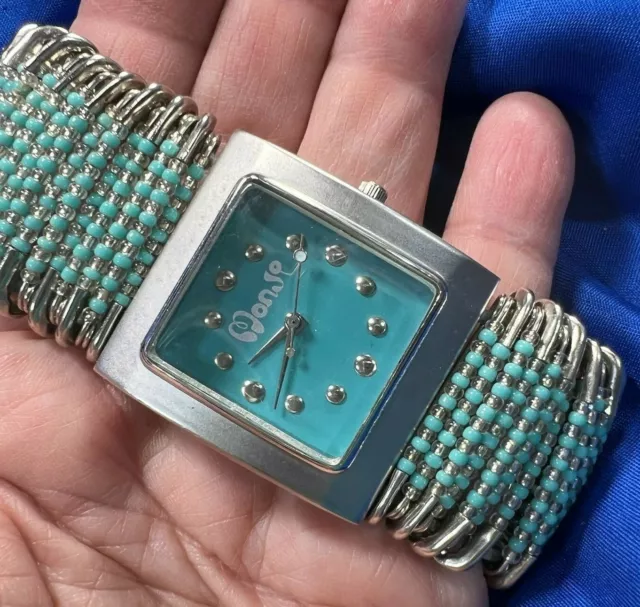 Monji Turquoise Color Beads Safety Pin Silver Tone Stretch Band Watch Works A25