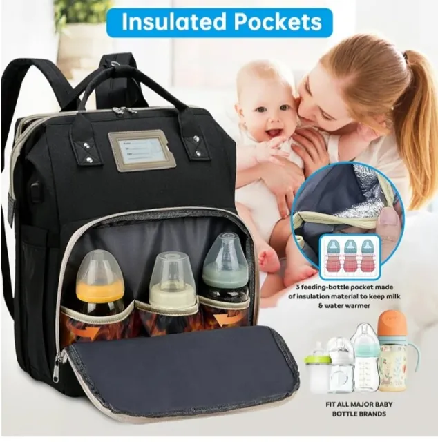 Diaper Bag Backpack W/ foldable crib, Changing InsulatedMilk Bottle Pocket
