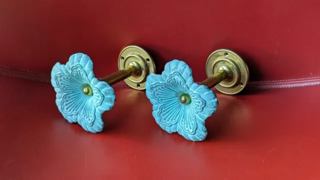 Vtg Pair GREEN Verdigris BRASS Flower Floral Medallion Shower CURTAIN Tie Back