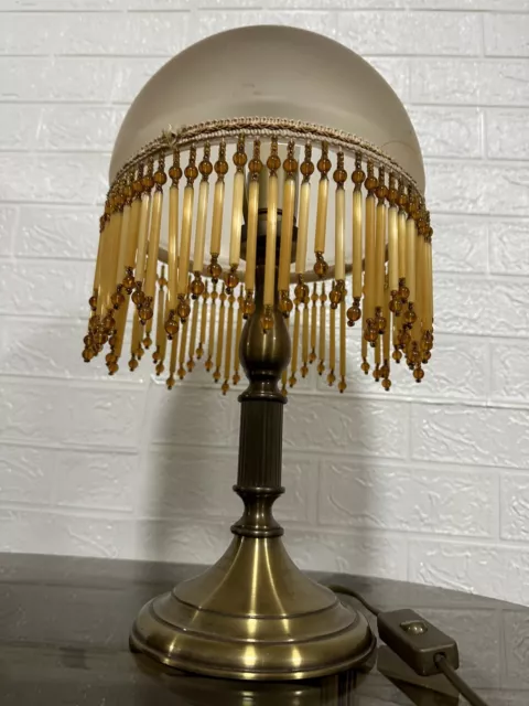 Lampe, Tischlampe, Jugendstil art, Glasfransenschirm, groß, Bronze.  Perlen Glas