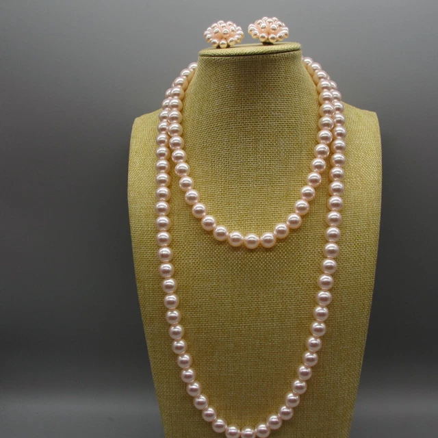 2 Vtg Pink Faux Pearl Necklaces 1 pair Clip On  Earrings Silver Tone Beaded