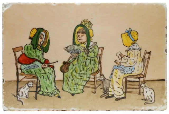 Rare Mintons China Wrks Stoke On Trent Uk Antique Ladies Sitting W/Cats Cer Tile