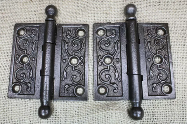 2 Old Door Hinges 3 X 3” Cannon Ball Top Victorian Vintage Cast Iron Feather