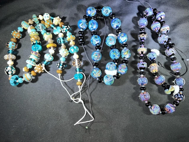 M729) New Lot 3 Art Insomnia Handmade Art Glass Bead Strings Blue Opal Colored