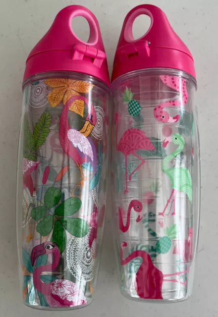 Lot of 2 Tervis Tumblers with handled lids Flamingos 24 oz