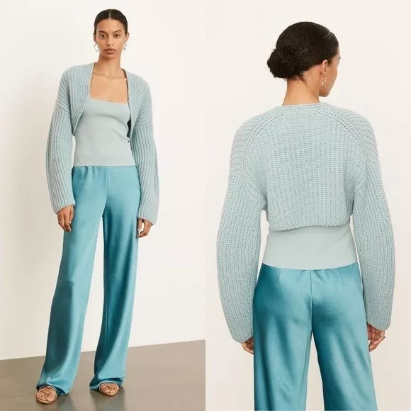 New Vince Lofty Rib Bolero in Pale Bay Light Blue Cable Knit Cropped Sz XS S