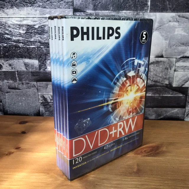 PHILLIPS DVD+RW 120 Mins Video 4.7GB Data 1-4X Cert Speed pack of 5 New Sealed