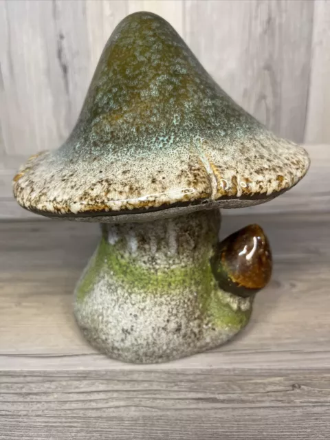 Whimsical Yellow GreenBrown Glaze Top Ceramic Mushroom Garden Pottery 7.5" Tall