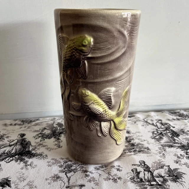 Royal Coplay Pottery 8" Brown Lime Green Koi Gold Fish Vase
