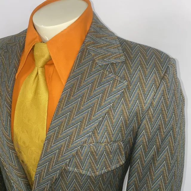 Vtg 60s 70s Blazer Jacket Suit Sport Coat ZIG ZAG Polyester Disco Merit Mens 40