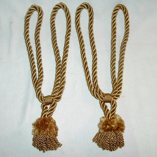 Set / 2 Elegant Gold Window Treatment Curtain Drapery Tassel Rope Cord Tie-Backs