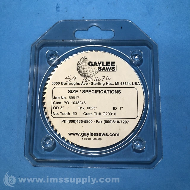 Gaylee Saws 69917 Saw Blade, 3" OD, .0625" THK, 1" ID, 60 Teeth FNOB