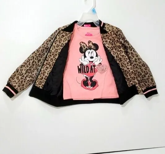 Girls Disney Junior MINNIE Mouse Leopard Print Jacket & Pink Tee Shirt Set